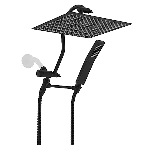 Hibbent All Metal Shower Head, 12'' High Pressure Rainfall Shower Head, Showerhead Combo, Handheld Shower Wand, 12'' Adjustable Curved Shower Extension Arm, 71'' Hose, Shower Head Holder, Matte Black - Image 1
