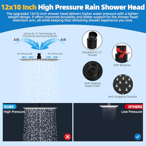 Hibbent All Metal Shower Head, 12'' High Pressure Rainfall Shower Head, Showerhead Combo, Handheld Shower Wand, 12'' Adjustable Curved Shower Extension Arm, 71'' Hose, Shower Head Holder, Matte Black - Image 4