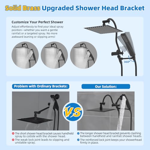 Hibbent All Metal Shower Head, 12'' High Pressure Rainfall Shower Head, Showerhead Combo, Handheld Shower Wand, 12'' Adjustable Curved Shower Extension Arm, 71'' Hose, Shower Head Holder, Matte Black - Image 2