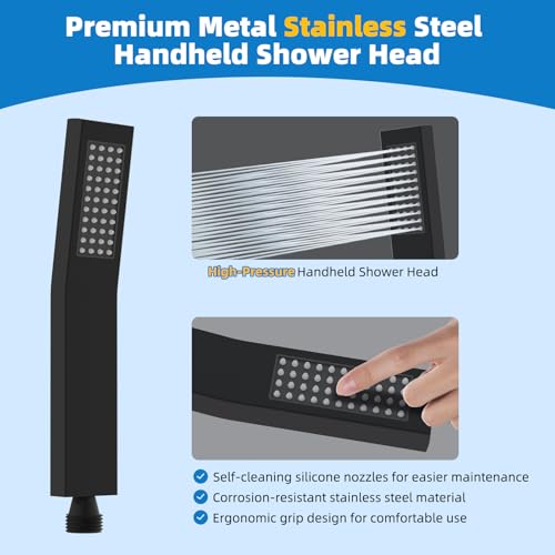 Hibbent All Metal Shower Head, 12'' High Pressure Rainfall Shower Head, Showerhead Combo, Handheld Shower Wand, 12'' Adjustable Curved Shower Extension Arm, 71'' Hose, Shower Head Holder, Matte Black - Image 5