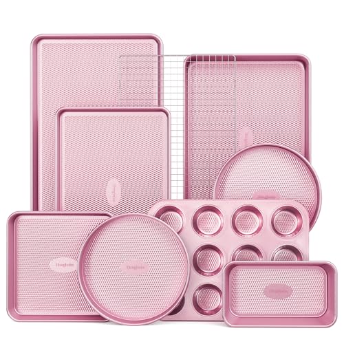HONGBAKE 9Piece Baking Pans Set Nonstick Stackable Non Toxic Bakeware Sets with Diamond Texture Oven Pan Set for Cooking Includes Cookie Sheet with Rack Cake Pan Roasting Pan Muffin Tin Pink - Image 1