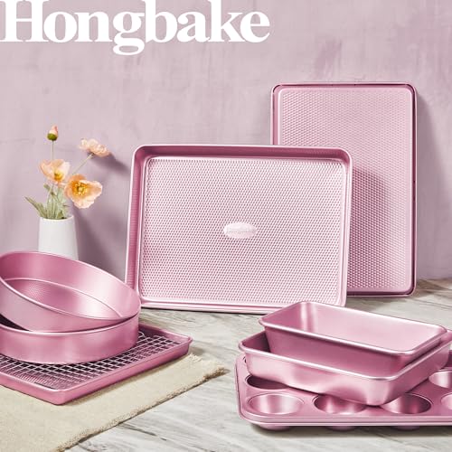 HONGBAKE 9Piece Baking Pans Set Nonstick Stackable Non Toxic Bakeware Sets with Diamond Texture Oven Pan Set for Cooking Includes Cookie Sheet with Rack Cake Pan Roasting Pan Muffin Tin Pink - Image 3