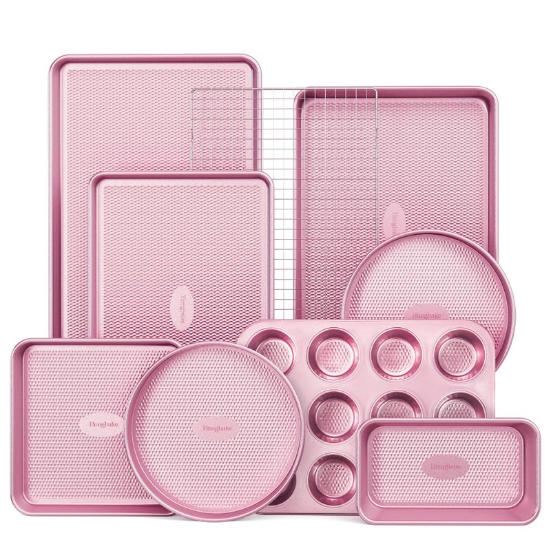 HONGBAKE 9Piece Baking Pans Set Nonstick Stackable Non Toxic Bakeware Sets with Diamond Texture Oven Pan Set for Cooking Includes Cookie Sheet with Rack Cake Pan Roasting Pan Muffin Tin Pink - Image 2