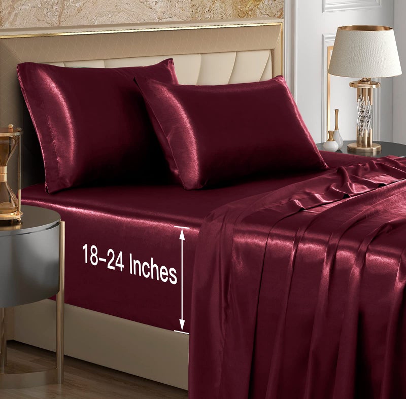 VACVELT 4pcs Extra Deep Pocket Satin Sheets King Size Bed Set Burgundy Satin Sheet Set Fit 1824 Inch Deep Pocket Mattress Silky  Luxury Satin Bedding Set Soft  Ultra Deep Fitted Sheet Set