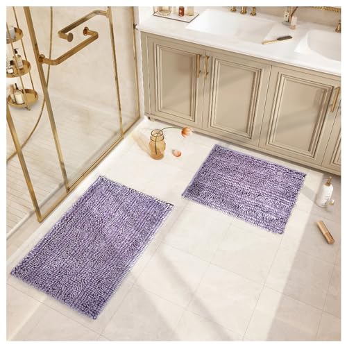Civkor Bathroom Rugs Set 2 Pieces Light Purple Butter Chenille, Shiny Noodle Bath Mat Rug Set with Non Slip Backing, Super Water Absorbent Machine Washable 31x20 and 24x16 Inch, Lavender - Image 3