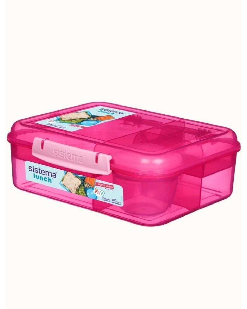 Sistema Bento Lunch Box 1.65L Pink with Multi Compartments & Yogurt Pot, Easy Lock Clip Lid, BPA Free Reusable Food Storage Container for Meal Prep, School & Office, Made in New Zealand - Image 1