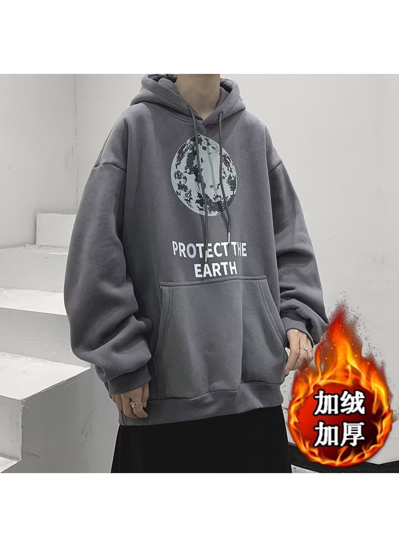 Generic - Mens Fleece-Lined Hoodie Casual Loose Fit Trendy Fog Blue - Image 1