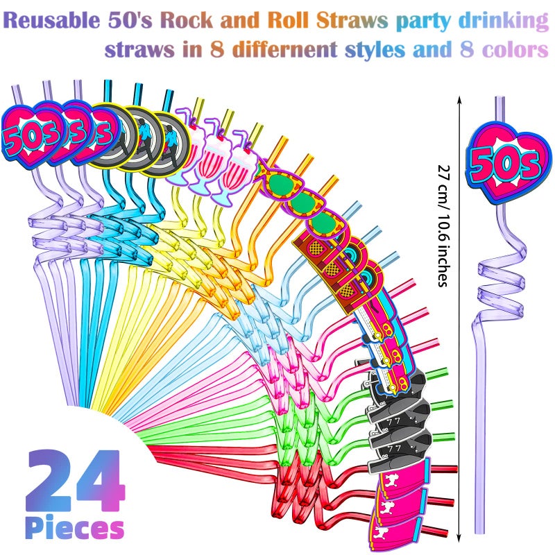 Skyley 24 Pieces 50's Hip Hop Straws Rock Party Drinking Straws 1950's Retro Silly Back to Favors for Kids Adults Music Disco Dancing Parties  8 Styles and Colors - Image 2