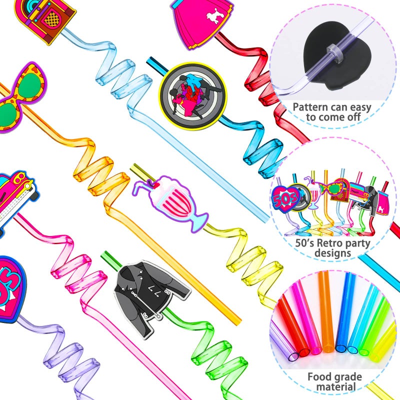 Skyley 24 Pieces 50's Hip Hop Straws Rock Party Drinking Straws 1950's Retro Silly Back to Favors for Kids Adults Music Disco Dancing Parties  8 Styles and Colors - Image 3