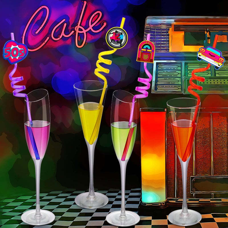 Skyley 24 Pieces 50's Hip Hop Straws Rock Party Drinking Straws 1950's Retro Silly Back to Favors for Kids Adults Music Disco Dancing Parties  8 Styles and Colors - Image 4