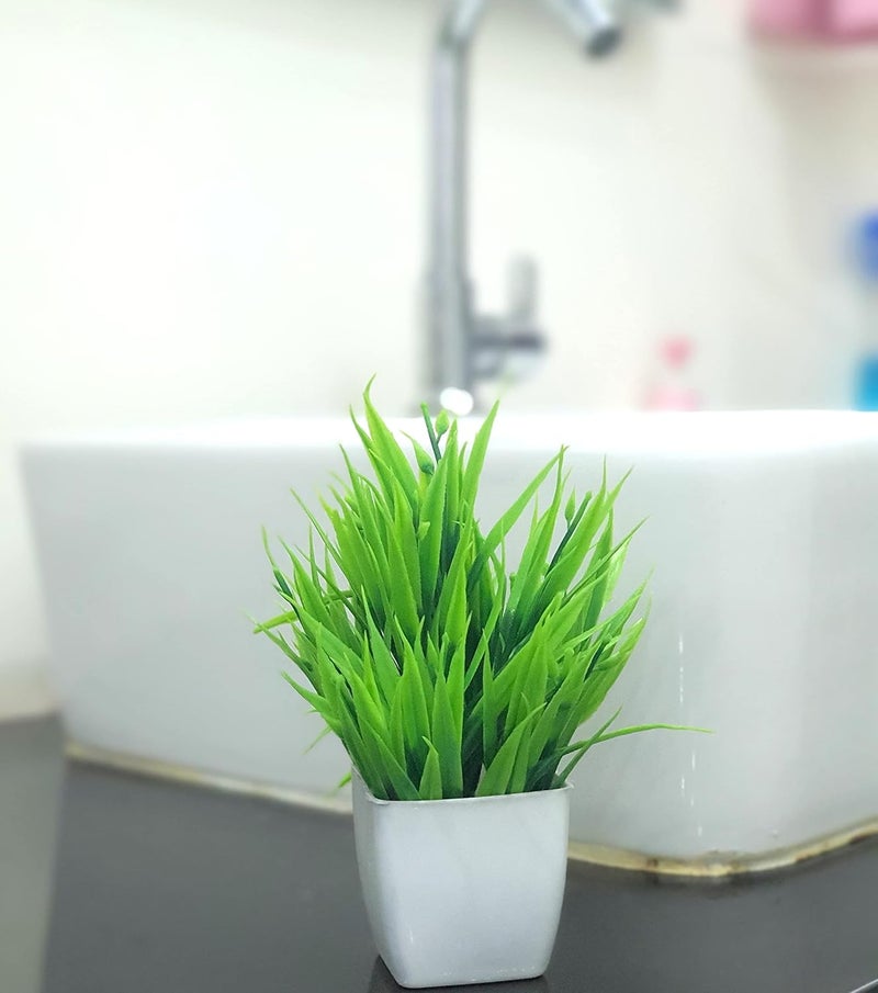 Litleo plastic Artificial Plants Mini Fake Potted Plants, Small Eucalyptus Potted Faux Decorative Grass Plant with White Pot for Home Decor, Indoor, Office, Desk, Shelf, Table Decoration (Pack of 2) - Image 3