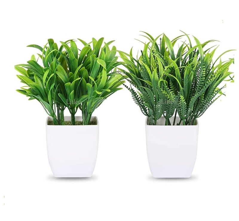Litleo plastic Artificial Plants Mini Fake Potted Plants, Small Eucalyptus Potted Faux Decorative Grass Plant with White Pot for Home Decor, Indoor, Office, Desk, Shelf, Table Decoration (Pack of 2) - Image 1