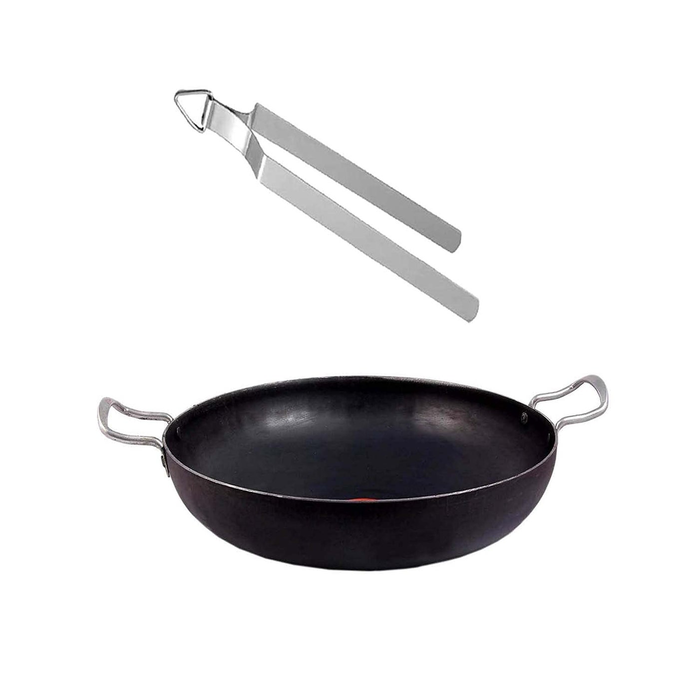 KITCHEN SHOPEE Iron Heavy Base Kadhai Deep Kadai Frying Pan Cooking Heavy Base Multipurpose Use with Handle Color Black 12 Inch 31 cm 4 Liters 1 PES Steel Roti Chimta Induction Friendly