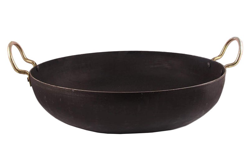 KITCHEN SHOPEE Iron Heavy Base Kadhai Deep Kadai Frying Pan Cooking Heavy Base Multipurpose Use with Handle Color Black 12 Inch 31 cm 4 Liters 1 PES Steel Roti Chimta Induction Friendly - Image 4