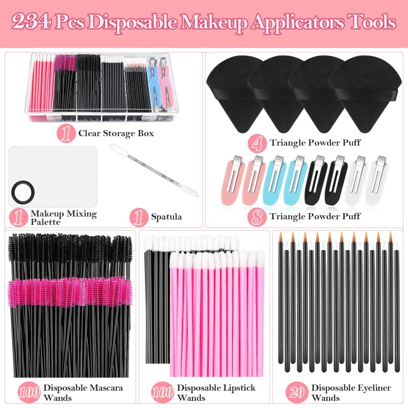 Audab Disposable Makeup Applicators Kit with Triangle Puff Mixing Palette, Artist Supplies Disposable Mascara Wands, Lip Brushes, Hair Clips Powder Puffs for Face with Storage Box - Image 2
