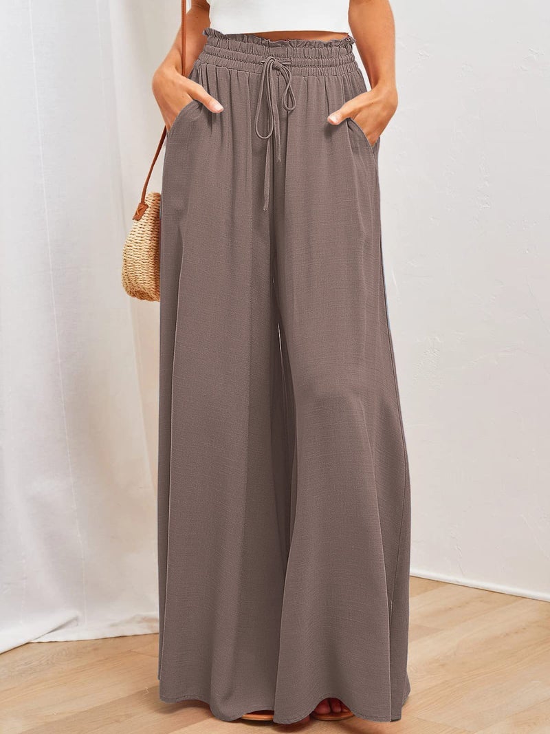 Women's High-Waist Wide-Leg Trousers with Elastic Waistband - Elegant Flowy Pants for Summer