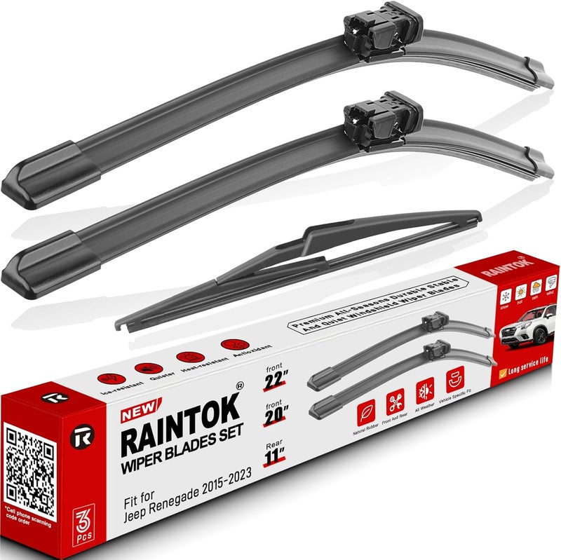 Raintok Windshield Wiper Blades Replacement for 2015-2023 Jeep Renegade Original Factory Quality Front Rear Wipers Blade Set for My Car - 22" 20" 11" (Pack of 3) - Image 1