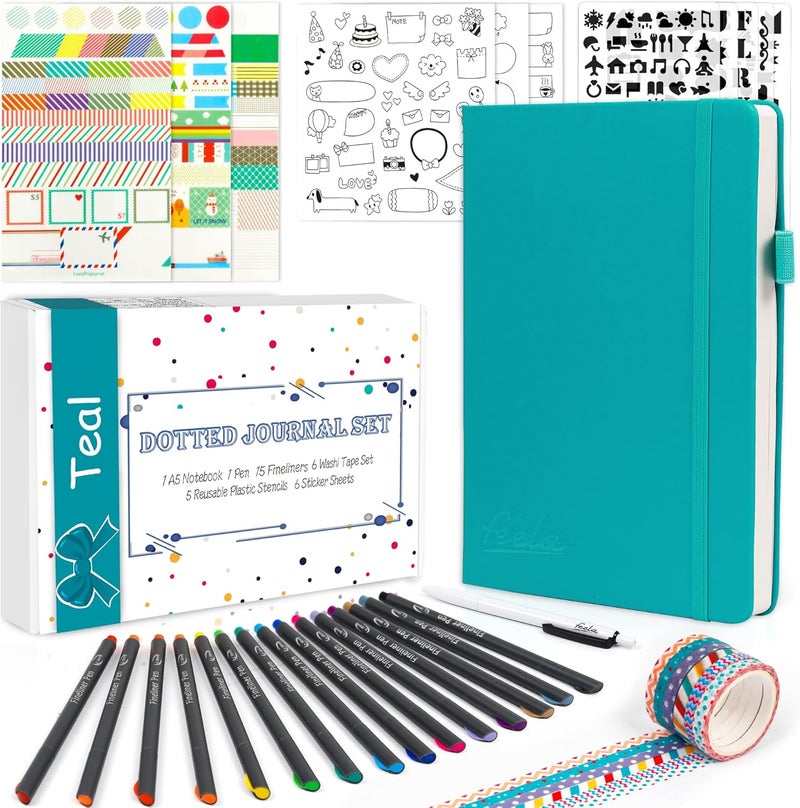 Feela Dotted Journal Kit, Dot Grid Journal Hardcover Planner Notebook Set For Beginners Women Girls Note Taking with Journaling Supplies Stencils Stickers Pens Accessories, A5, 224 Pages, Teal - Image 1