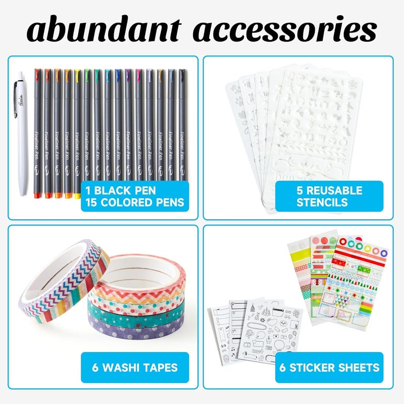 Feela Dotted Journal Kit, Dot Grid Journal Hardcover Planner Notebook Set For Beginners Women Girls Note Taking with Journaling Supplies Stencils Stickers Pens Accessories, A5, 224 Pages, Teal - Image 3