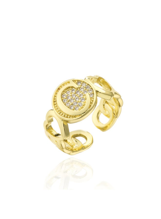 New Light Luxury Copper Inlaid Zircon 18k Real Gold Heart Smooth Letter Adjustable Ring Versatile Personality Ring