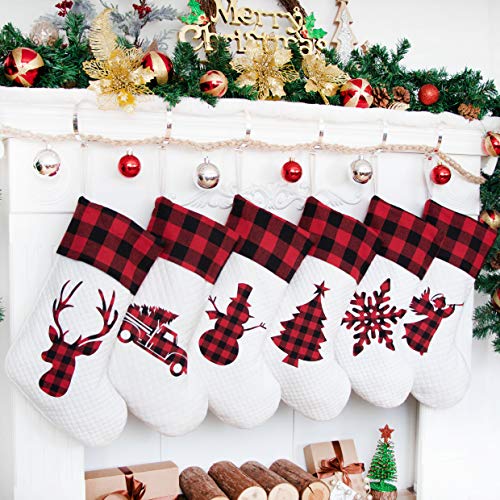 LUBOT Set of 6 Christmas Stocking20inch Silhouette Buffalo Red PlaidRusticFarmhouseCountry Cotton Fireplace Hanging Xmas Stockings Decorations for Family Holiday Season Decor