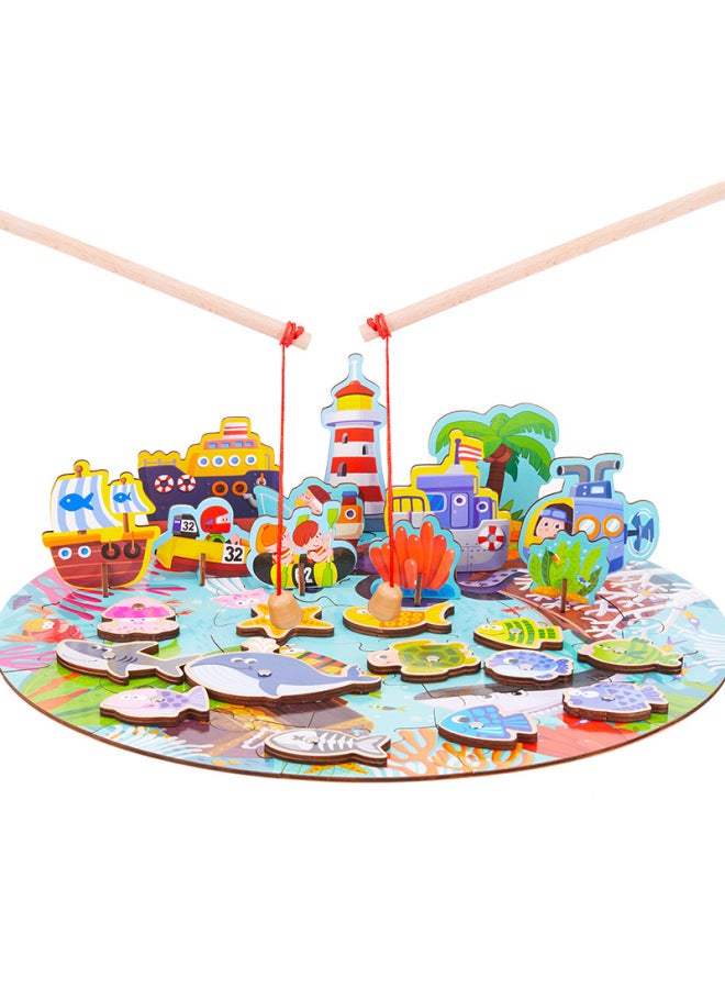 Magnetic Fishing Wooden Children's Toys Simulation Play-house Jigsaw Puzzle Barrel Fishing Gifts Shake Tone Same Style-Color:Stereo Deep Sea - Image 3