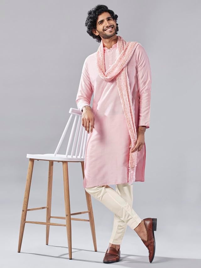 KISAH Mens Duppatta, Cotton Blend Woven Design Pink Duppatta for Men, Free Size - Image 5