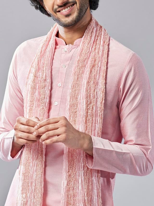 KISAH Mens Duppatta, Cotton Blend Woven Design Pink Duppatta for Men, Free Size - Image 4