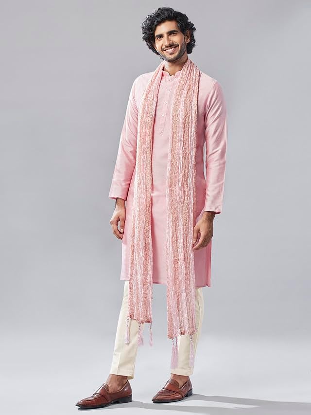 KISAH Mens Duppatta, Cotton Blend Woven Design Pink Duppatta for Men, Free Size - Image 3