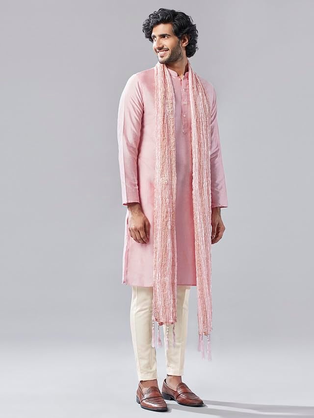 KISAH Mens Duppatta, Cotton Blend Woven Design Pink Duppatta for Men, Free Size - Image 2