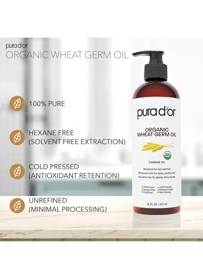 Pura d'or - PURA D'OR 16 Oz ORGANIC Wheat Germ Oil - 100% Pure & Natural USDA Certified Cold Pressed Carrier Oil - Vitamin E Rich, Moisturizing & Nourishing Anti-Aging Properties - Healthy Hair Growth & Skincare - Image 1