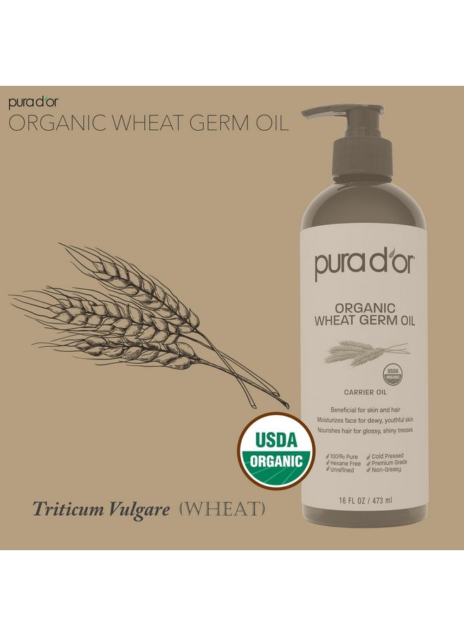 Pura d'or - PURA D'OR 16 Oz ORGANIC Wheat Germ Oil - 100% Pure & Natural USDA Certified Cold Pressed Carrier Oil - Vitamin E Rich, Moisturizing & Nourishing Anti-Aging Properties - Healthy Hair Growth & Skincare - Image 1