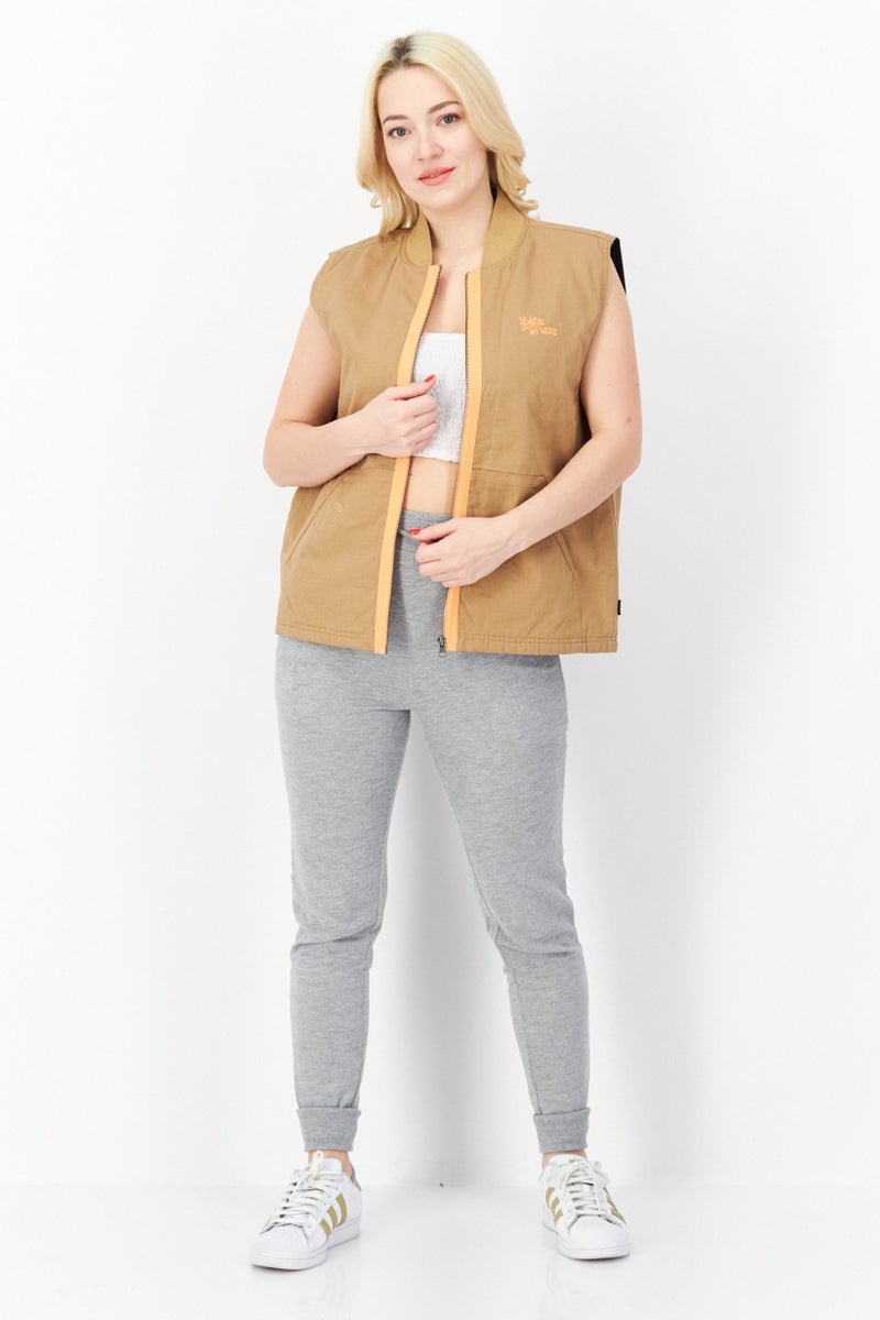 VANS Women Sportswear Fit Embroidered Logo Vest Jacket, Tan - Image 3