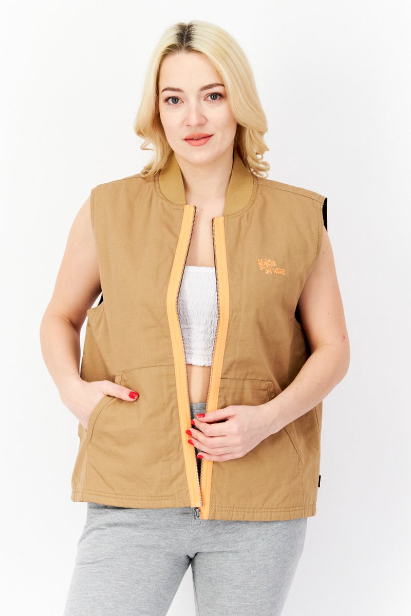 VANS Women Sportswear Fit Embroidered Logo Vest Jacket, Tan - Image 1