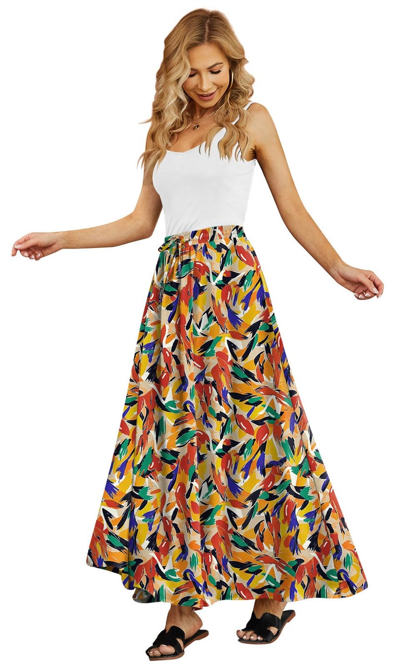 Yincro Women's Flowy Maxi Skirt Summer Pleated High Waisted Casual Long Skirts with Pockets (Watercolor Print, XL) - Image 1