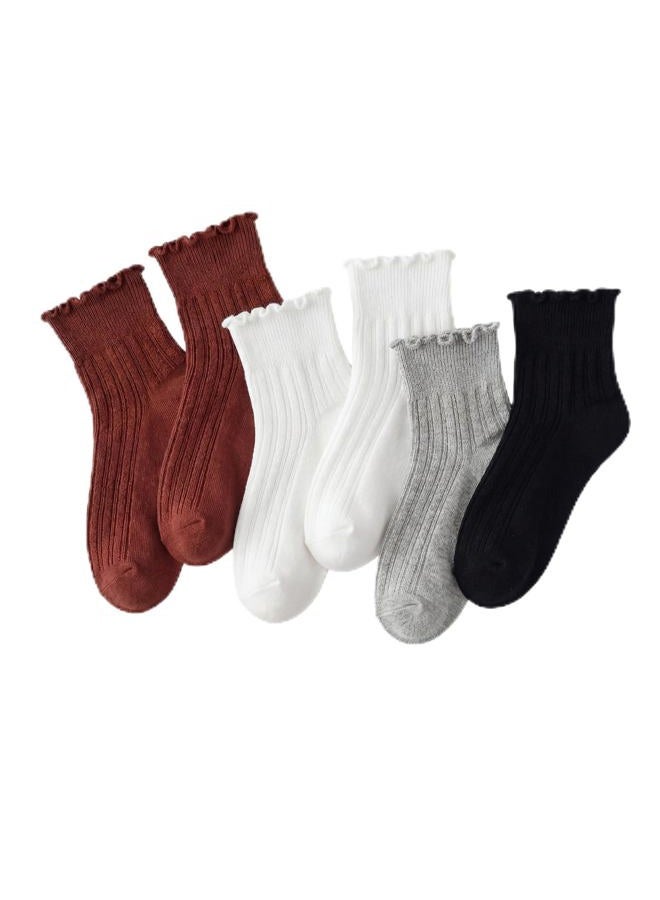 wernies Ruffle Socks Womens 6 Pairs，Cute Ankle Lettuce Edge Frilly Crew Socks, 1black+2white+1gray+2khaki（6 Pairs）, 9-12 - Image 1