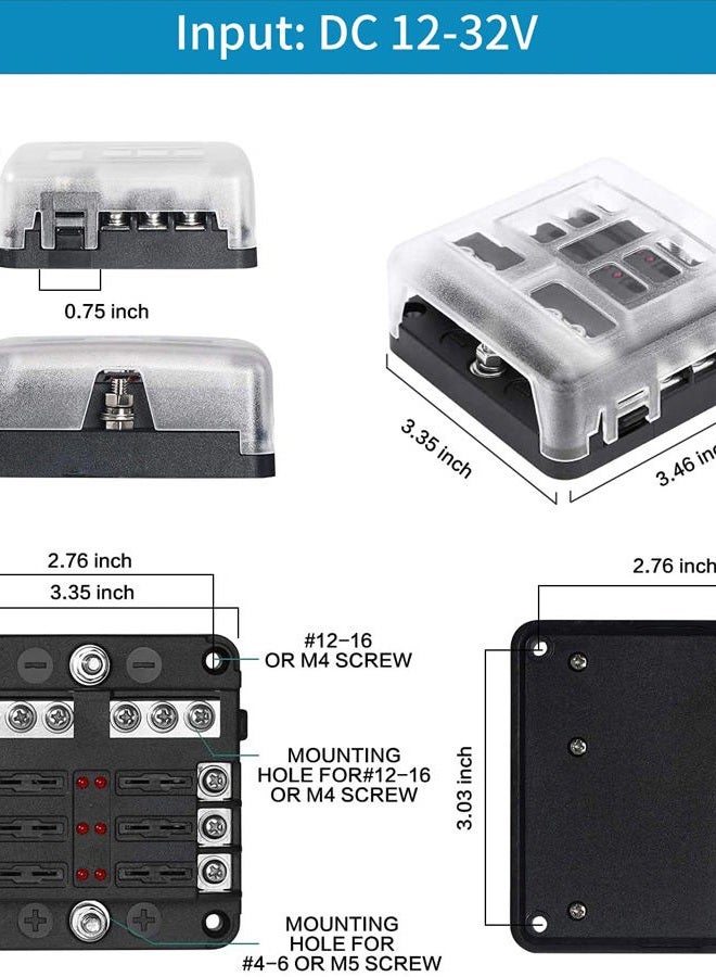 tatida 6 Way Fuse Block,12V Blade Fuse 6 Circuit ATC/ATO Waterproof Fuse Box Holder with LED Indicator Waterpoof Cover for 12V/24V Automotive Truck Boat Marine RV Van Vehicle - Image 2