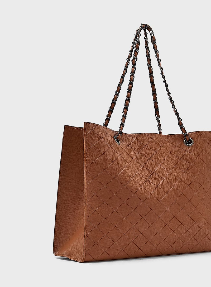Quilted Chain Handle Tote Handbag