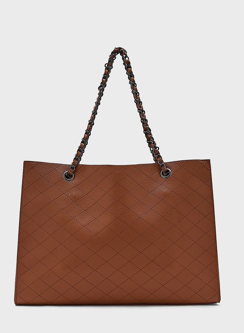 Quilted Chain Handle Tote Handbag