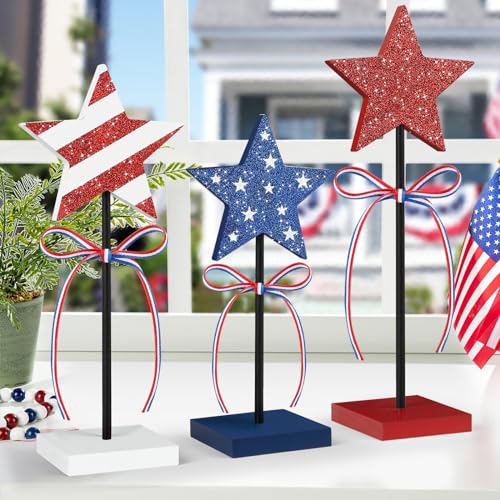 Hedeey 4th of July Tiered Tray Decor Wooden Star Set, 3 Pcs Memorial Day Table Decorations, Rustic Patriotic Tabletop Home Decor, Red White and Blue Decorations for Home (Shiny) - Image 2