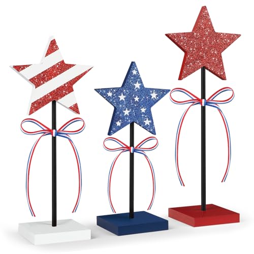 Hedeey 4th of July Tiered Tray Decor Wooden Star Set, 3 Pcs Memorial Day Table Decorations, Rustic Patriotic Tabletop Home Decor, Red White and Blue Decorations for Home (Shiny) - Image 1