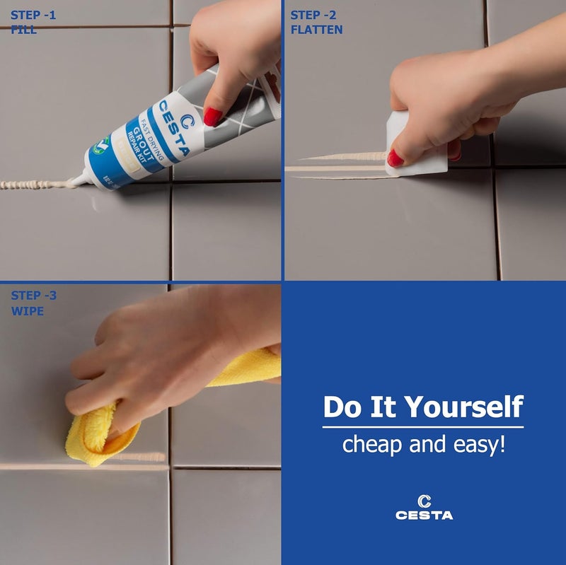 CESTA Tile Grout Repair Kit – Squeeze Tube, Fast Drying, Waterproof Tile Grout Paint to Restore & Renew Tile Joints Line for Bathroom, Kitchen, Shower & Floor Tile (Beige, 8.8 oz) - Image 2