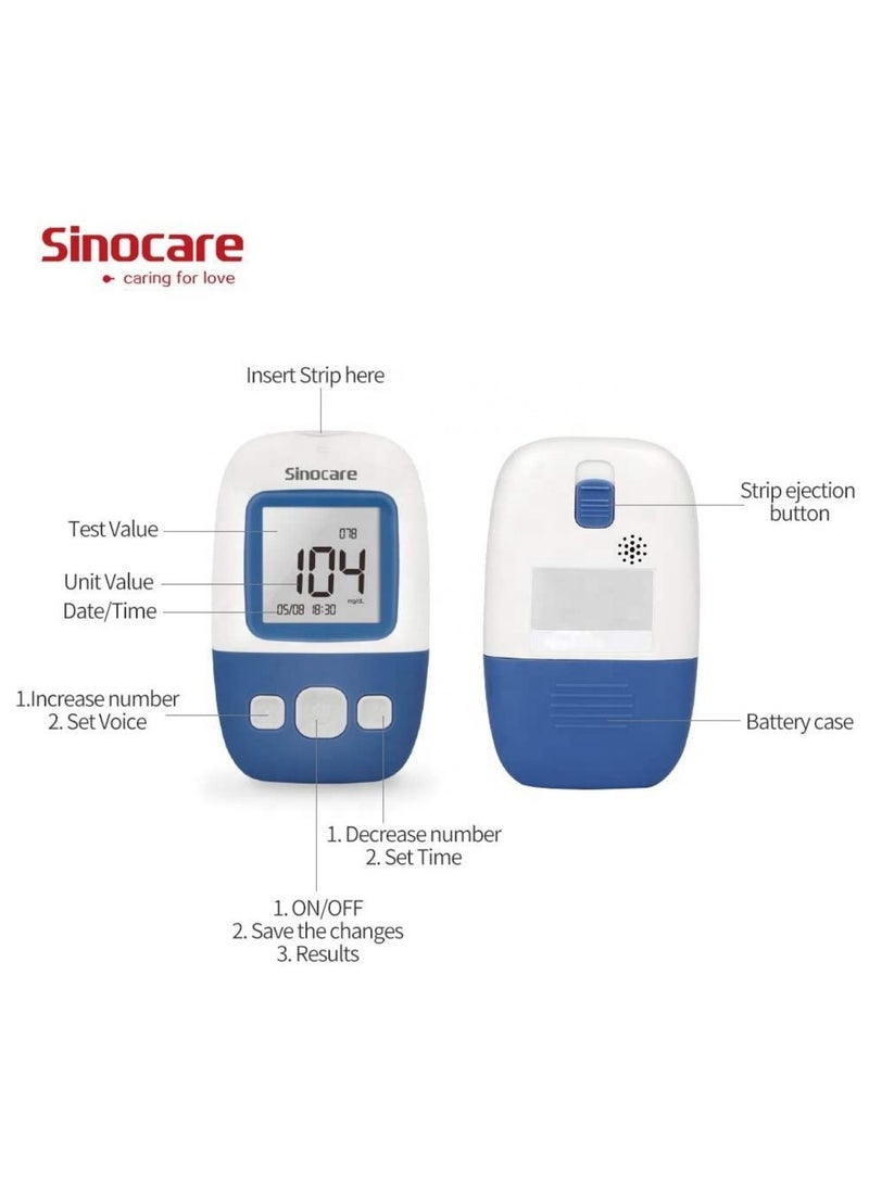 SINOCARE - Blood Glucose Monitor Diabetes Test Kit with 200 Memory Capacity Blood sugar monitor with 50 Test Strips and 50 Lancets in mmol/L - Image 1