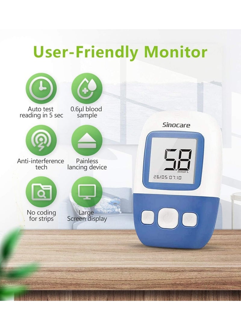 SINOCARE - Blood Glucose Monitor Diabetes Test Kit with 200 Memory Capacity Blood sugar monitor with 50 Test Strips and 50 Lancets in mmol/L - Image 1