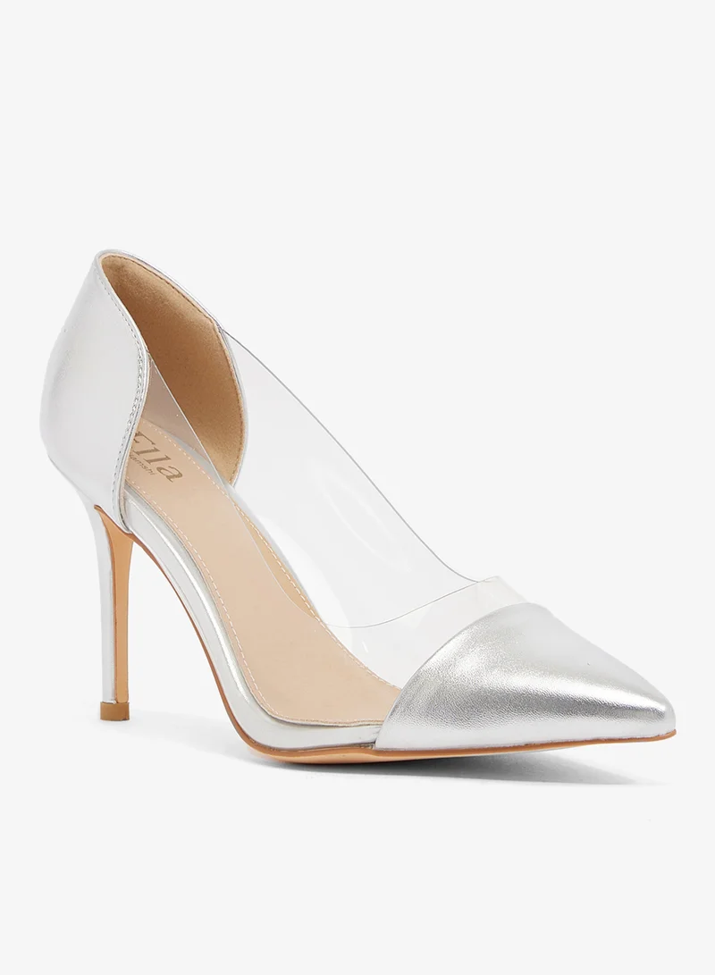 ايلا ليمتد اديشن حذاء بكعب مدبب وكعب ستيليتو من الفينيل الفضي والشفاف