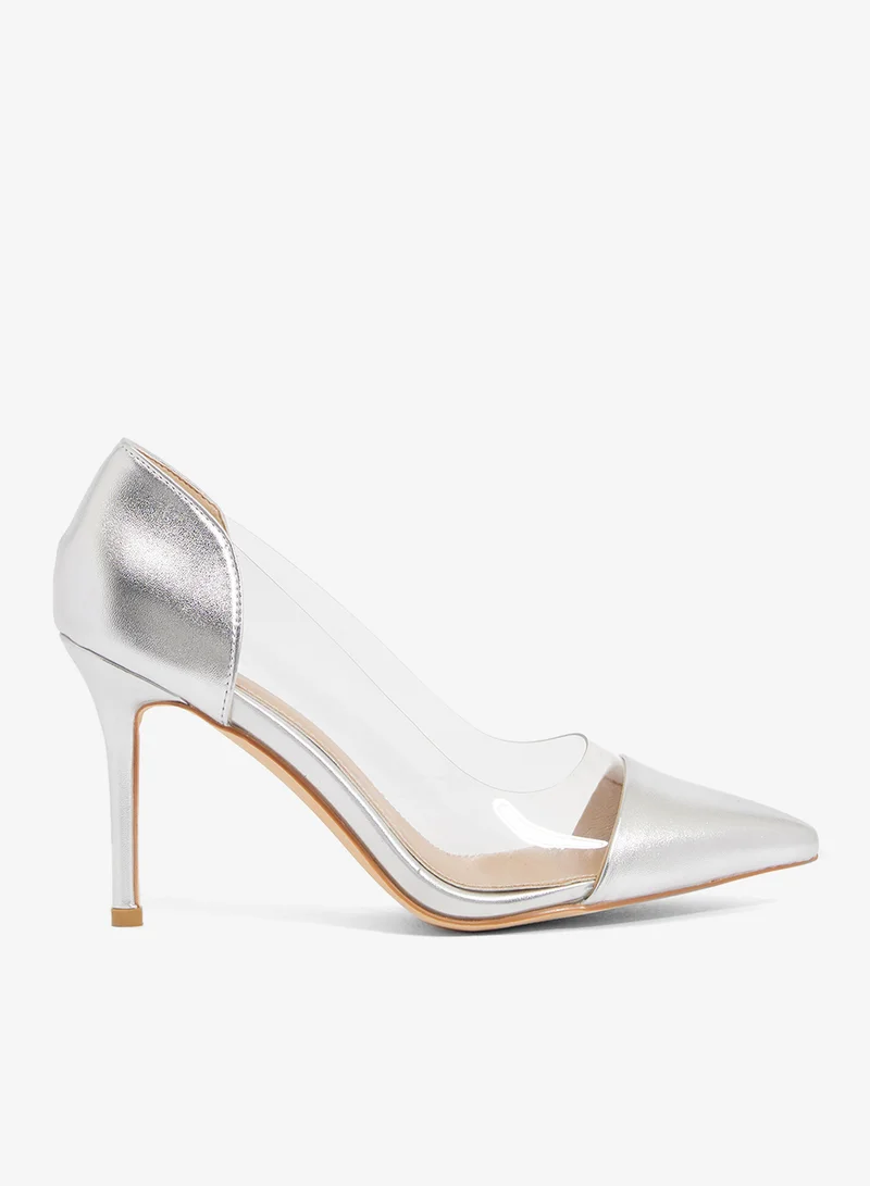 Silver and clear vinyl pump with pointed toe, stiletto heel