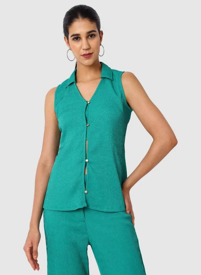 Freehand Green Textured Shirt and Trousers Co-ords