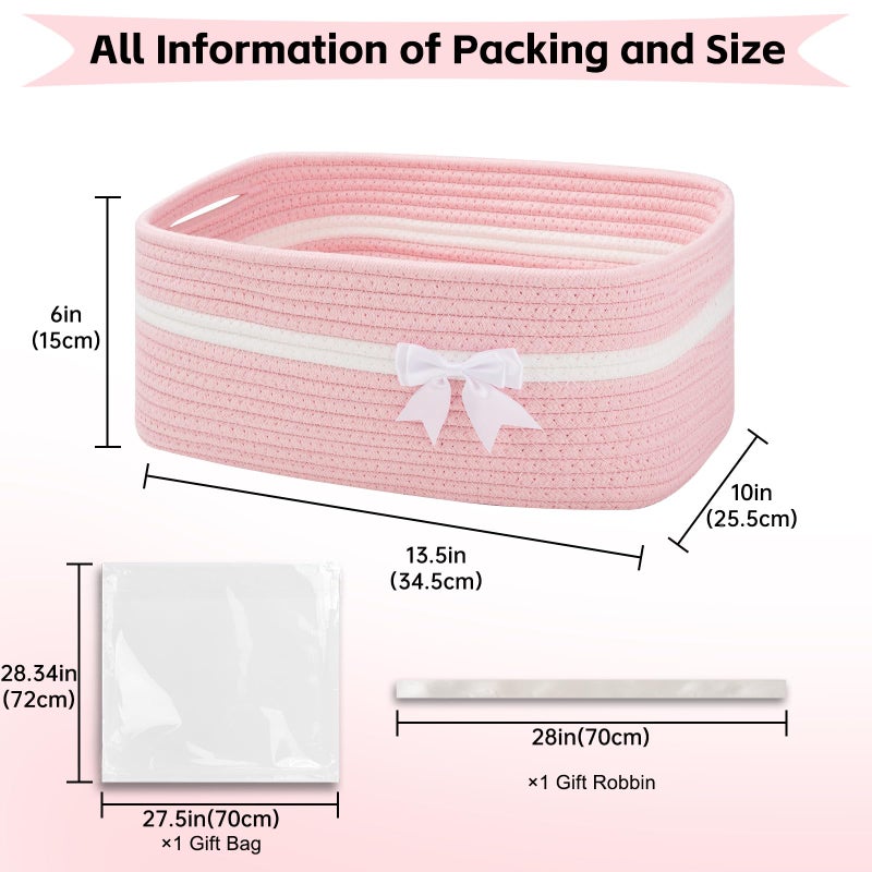 OIAHOMY Large Woven Storage Basket with Handles for Nursery Living Room Shelves, Bow Basket for Gifts Empty with Gift Bags and Ribbons for Baby Showers Pet Toy Bin - Pink - Image 2