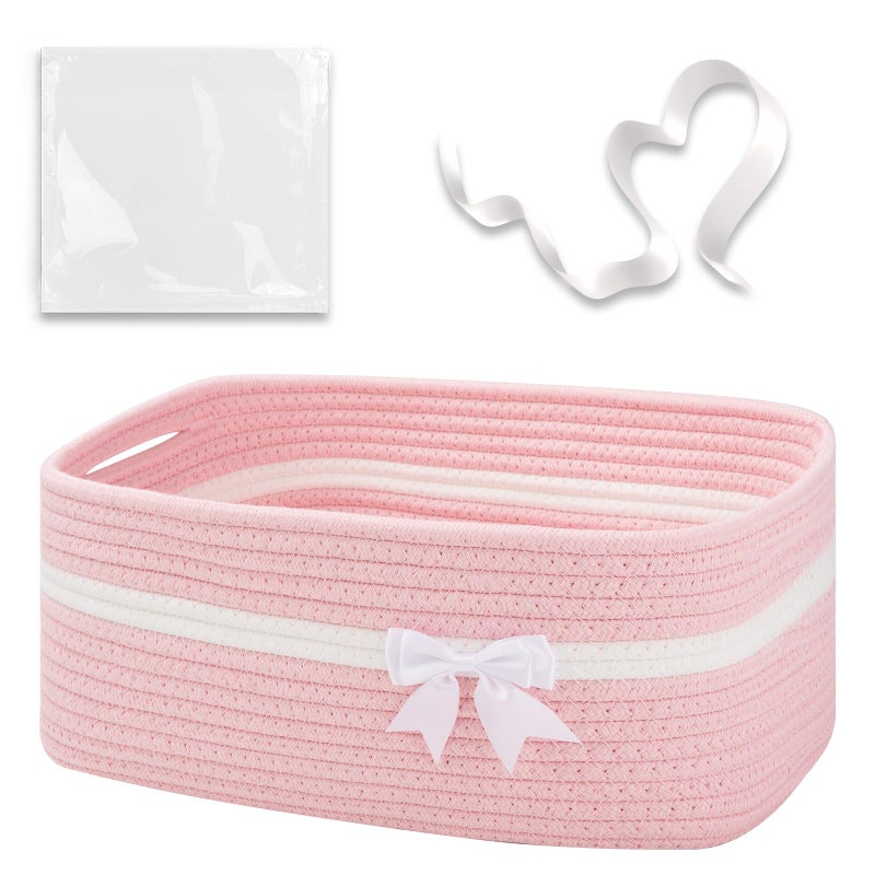 OIAHOMY Large Woven Storage Basket with Handles for Nursery Living Room Shelves, Bow Basket for Gifts Empty with Gift Bags and Ribbons for Baby Showers Pet Toy Bin - Pink - Image 1