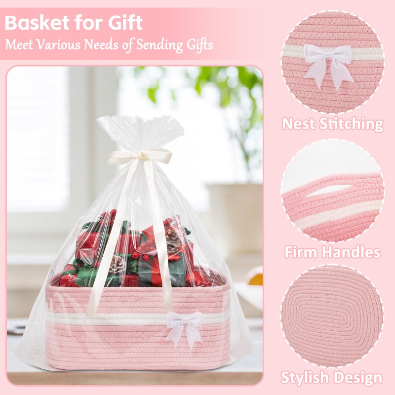 OIAHOMY Large Woven Storage Basket with Handles for Nursery Living Room Shelves, Bow Basket for Gifts Empty with Gift Bags and Ribbons for Baby Showers Pet Toy Bin - Pink - Image 5